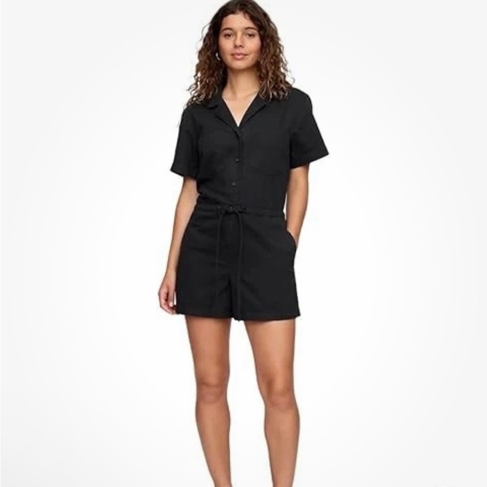 New Gap Women's Romper S Black Tie Waist Short Sleeve Cotton Minimalist Beach